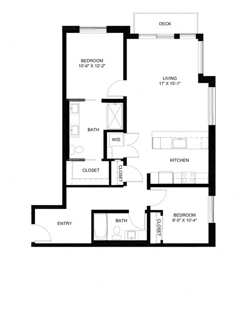 Floor plan for 2 beds, 2 baths, 1074 sqft